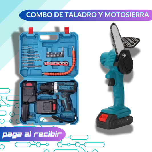 Combo: Motosierra Eléctrica y Juego de Taladro Inalámbrico 🔧🌳